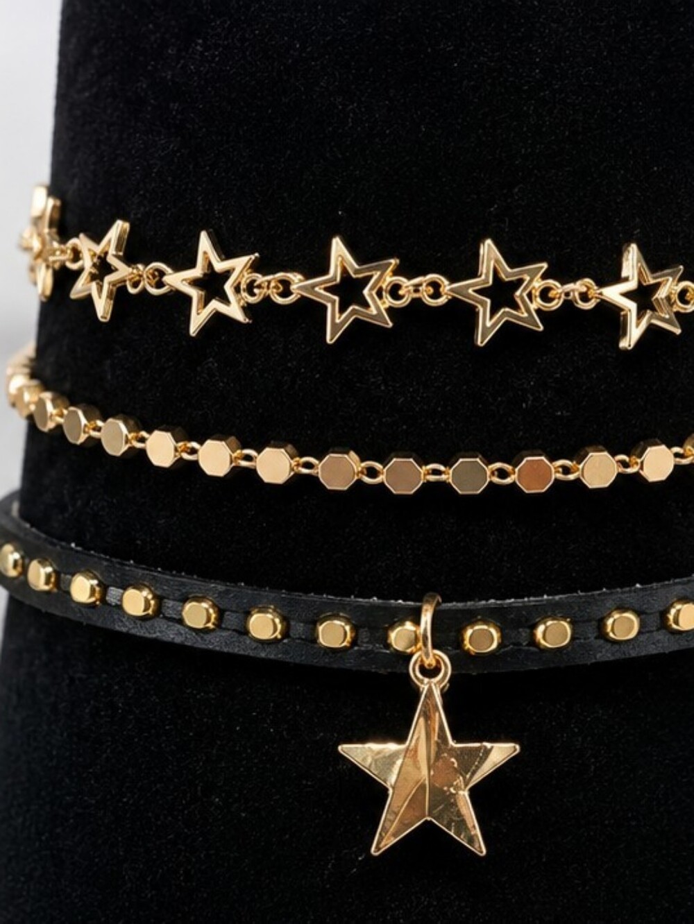 American Eagle 3PC Celestial Star Bracelet Stack Set Gold Tone Black Faux Leathe